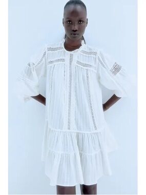 H&M White Lace-Trim Mini Dress